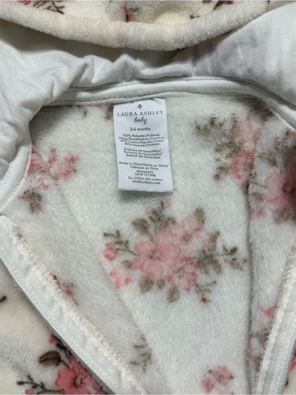 Laura Ashley Baby Bunting 3-6M Cream Pink Floral Fuzzy Hooded Coverall